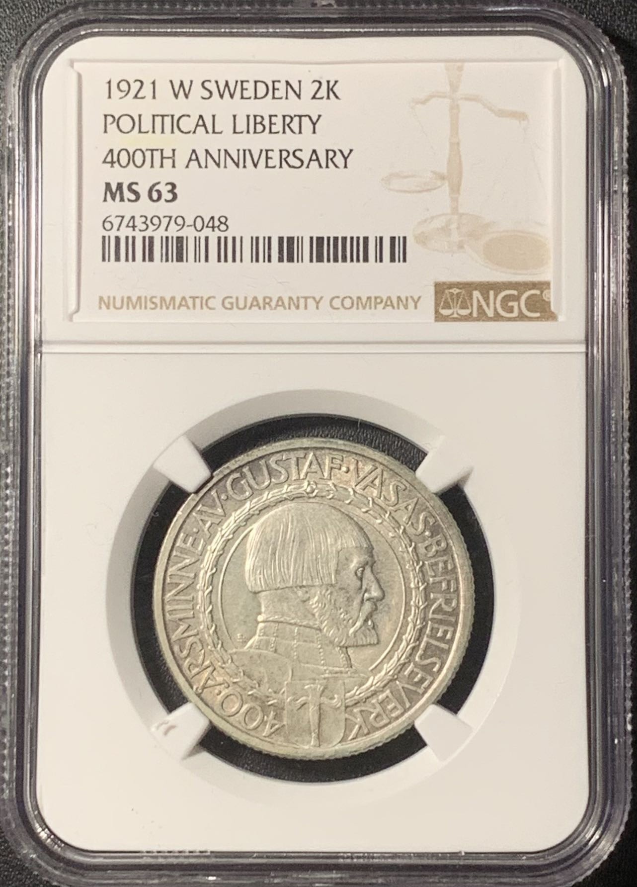 紫瑗钱币——第324期拍卖 瑞典 1921年 政治自由400周年 2克朗 银币 NGC MS63 