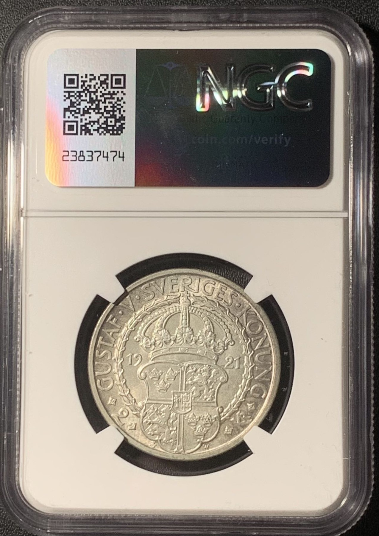 紫瑗钱币——第324期拍卖 瑞典 1921年 政治自由400周年 2克朗 银币 NGC MS63 