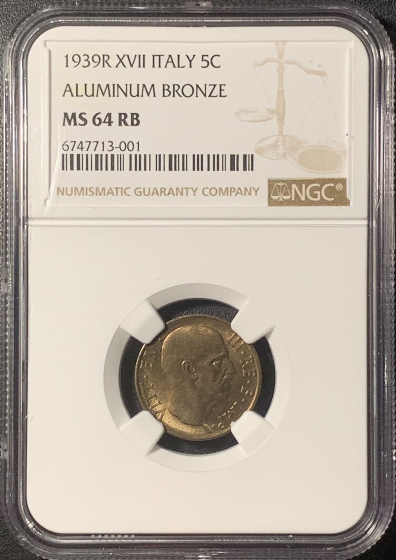 紫瑗钱币——第324期拍卖 意大利 1939年 伊曼纽尔三世 5分 铜币 NGC MS64 RB