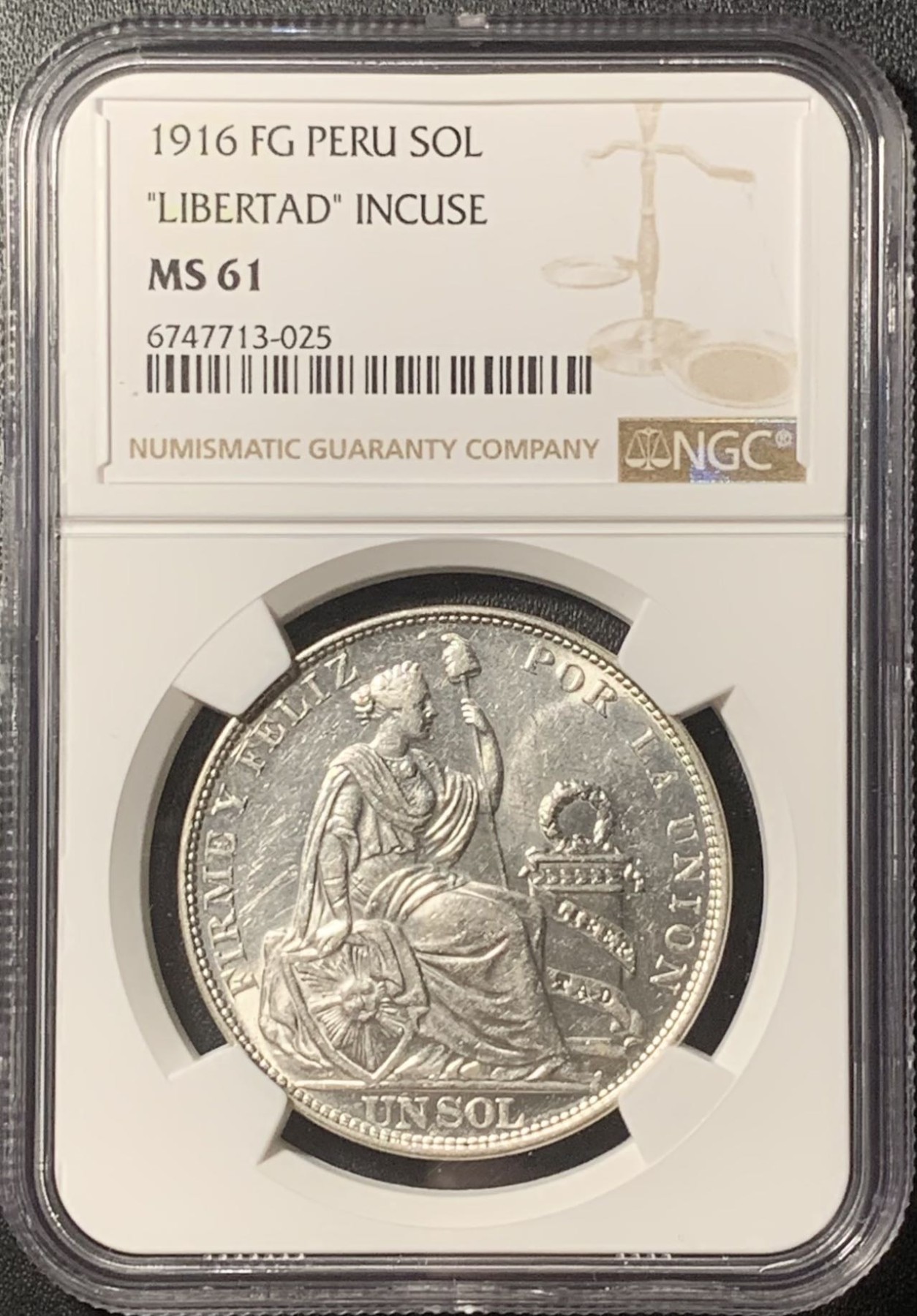 紫瑗钱币——第324期拍卖 秘鲁 1916年 女神 1SOL 银币 高银版 NGC MS61