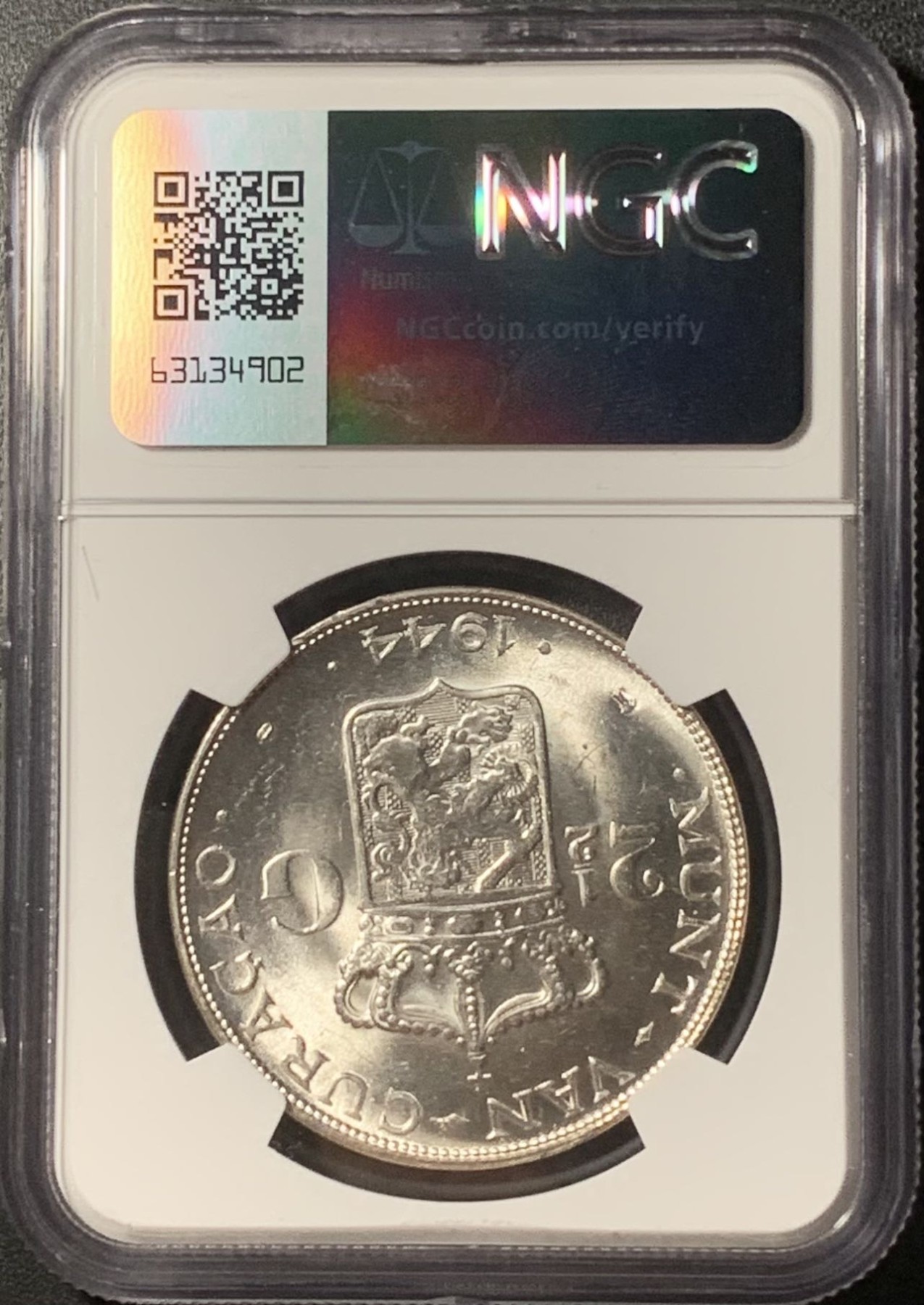 紫瑗钱币——第324期拍卖 荷属库拉索 1944年威廉明娜女王 2.5盾 银币 NGC MS64