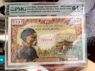 【三泉🏦Quan Se】拍卖第二十一期⚖️ - 【PMG64】【第188号，仅此一枚】越南1955-56年1000盾“样票”（熟称：老头老太太）【大珍品】