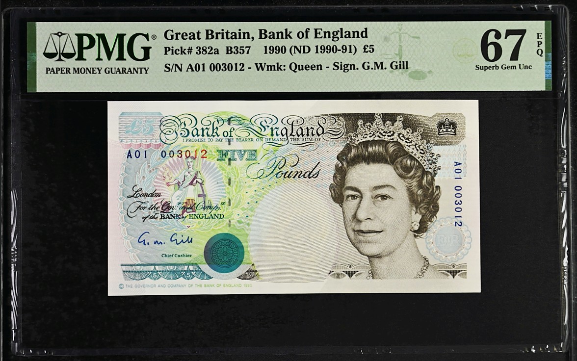 《张总收藏》125期-外币靓号典藏 英国E序列1990年初版5磅首发A01冠PMG67E高分千位小号3012，G.M.Gill签名 Pick-382a第一签名