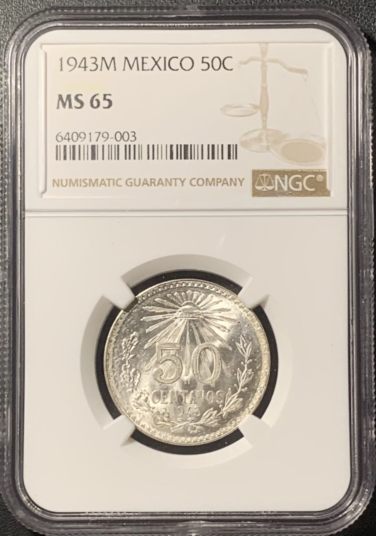 紫瑗钱币——第324期拍卖 墨西哥 1943年 M版 鹰洋 50分 银币 NGC MS65