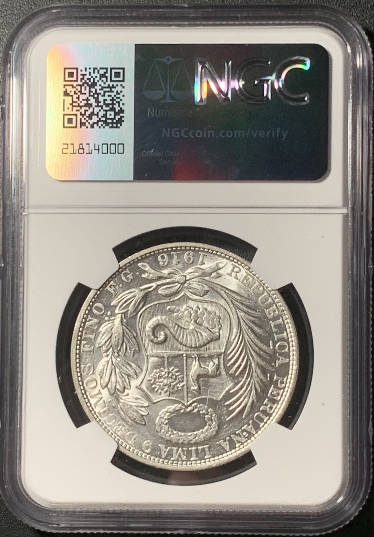 紫瑗钱币——第324期拍卖 秘鲁 1916年 女神 1SOL 银币 高银版 NGC MS61