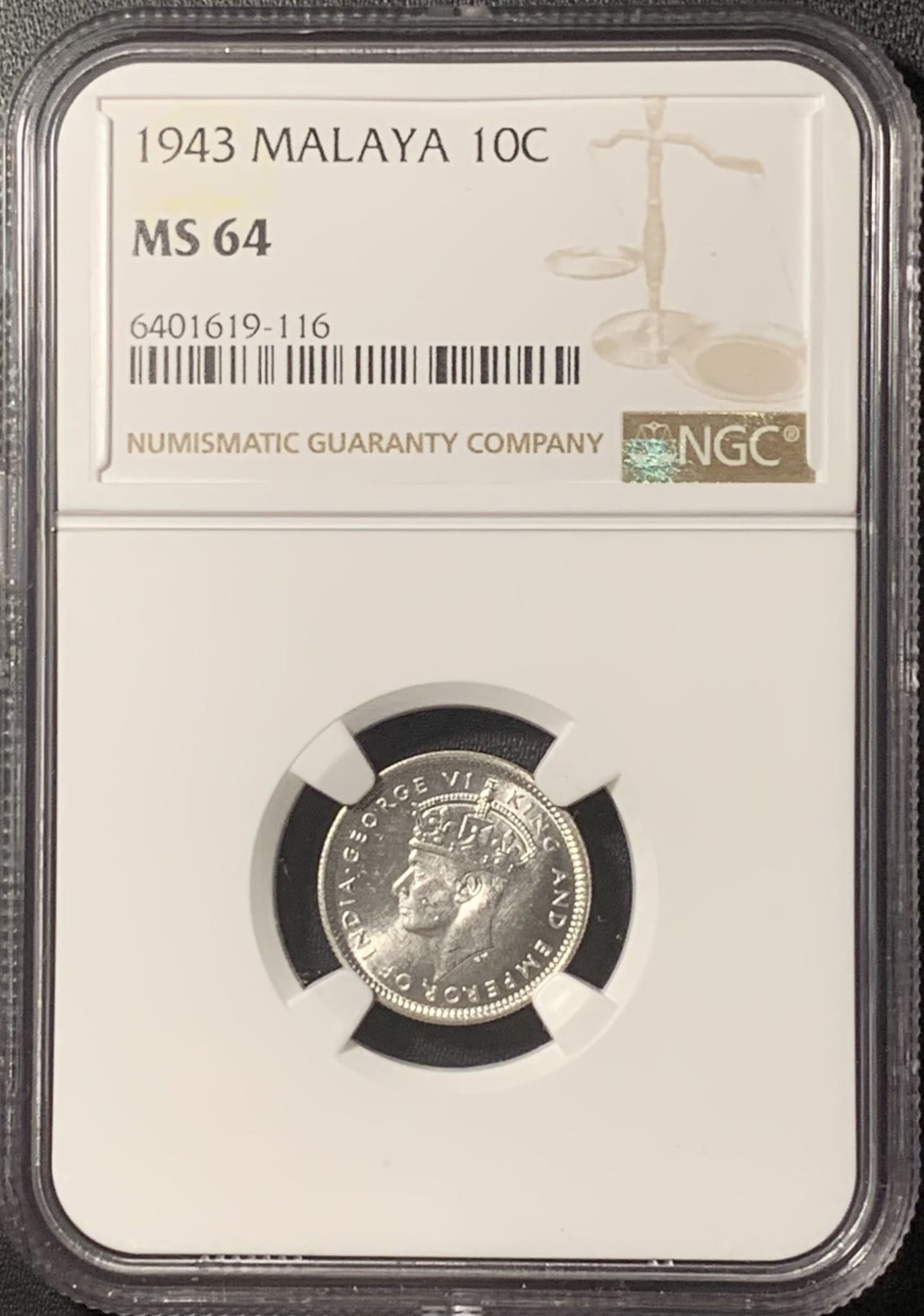 紫瑗钱币——第324期拍卖 马来亚 1943年 乔治六世 10分 银币 NGC MS64