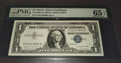 Gem Unc 美国纸币 1957A 1美元纸币 银币券Pmg 65E - Gem Unc 美国纸币 1957A 1美元纸币 银币券Pmg 65E