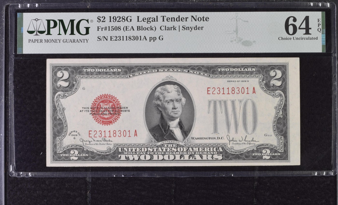 收藏联盟Quantum Auction 第302期拍卖  美国1928年政府券2元 PMG64e
