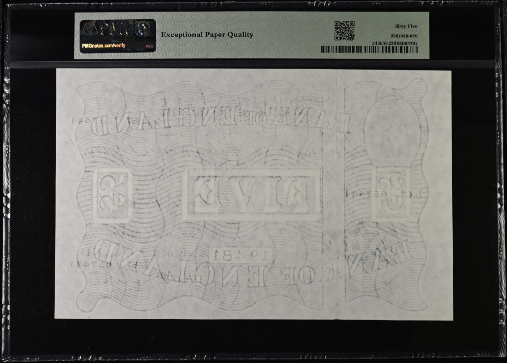 《张总收藏》125期-外币靓号典藏 英国1947年5镑PMG65E Pick-343 Thin Paper