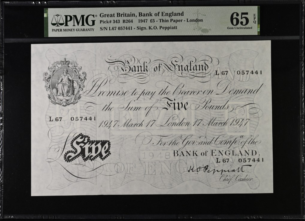 《张总收藏》125期-外币靓号典藏 英国1947年5镑PMG65E Pick-343 Thin Paper