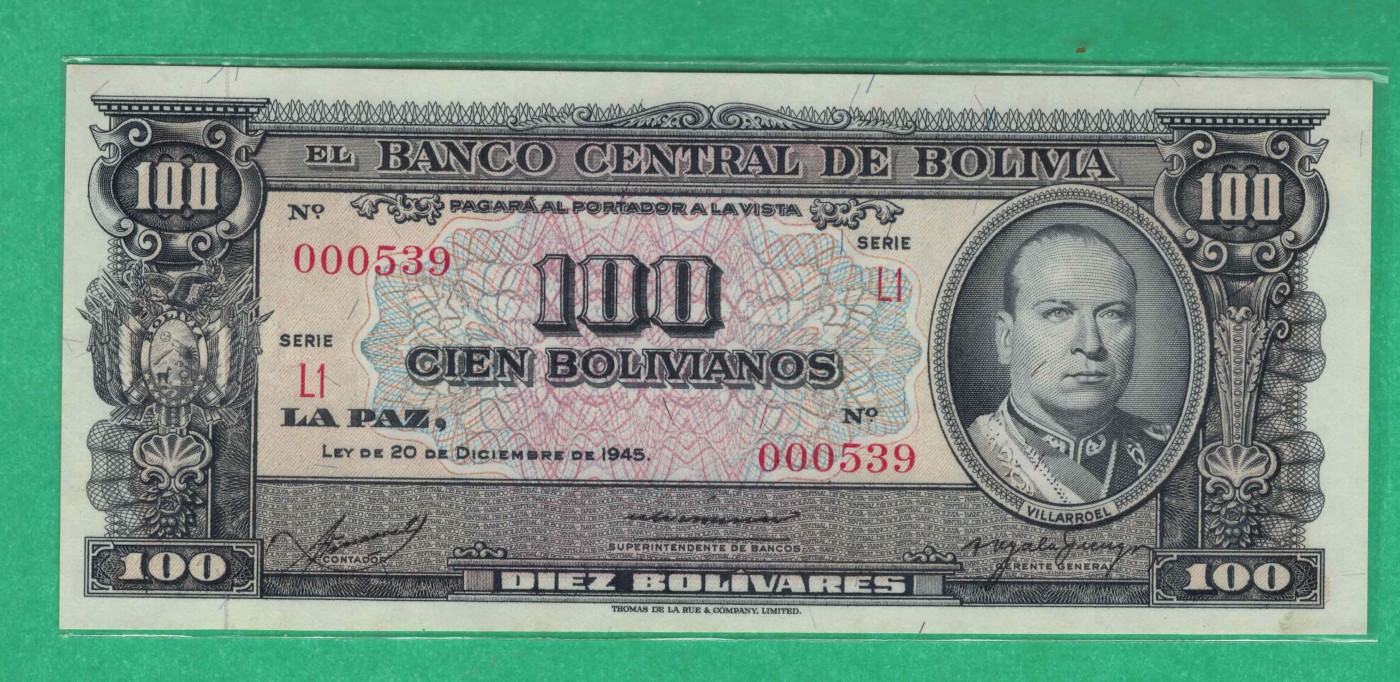 玻利维亚100玻利维亚诺 1945年 P-147 L1冠 三位小号 无47 签名如图 美洲纸币 实物图 UNC