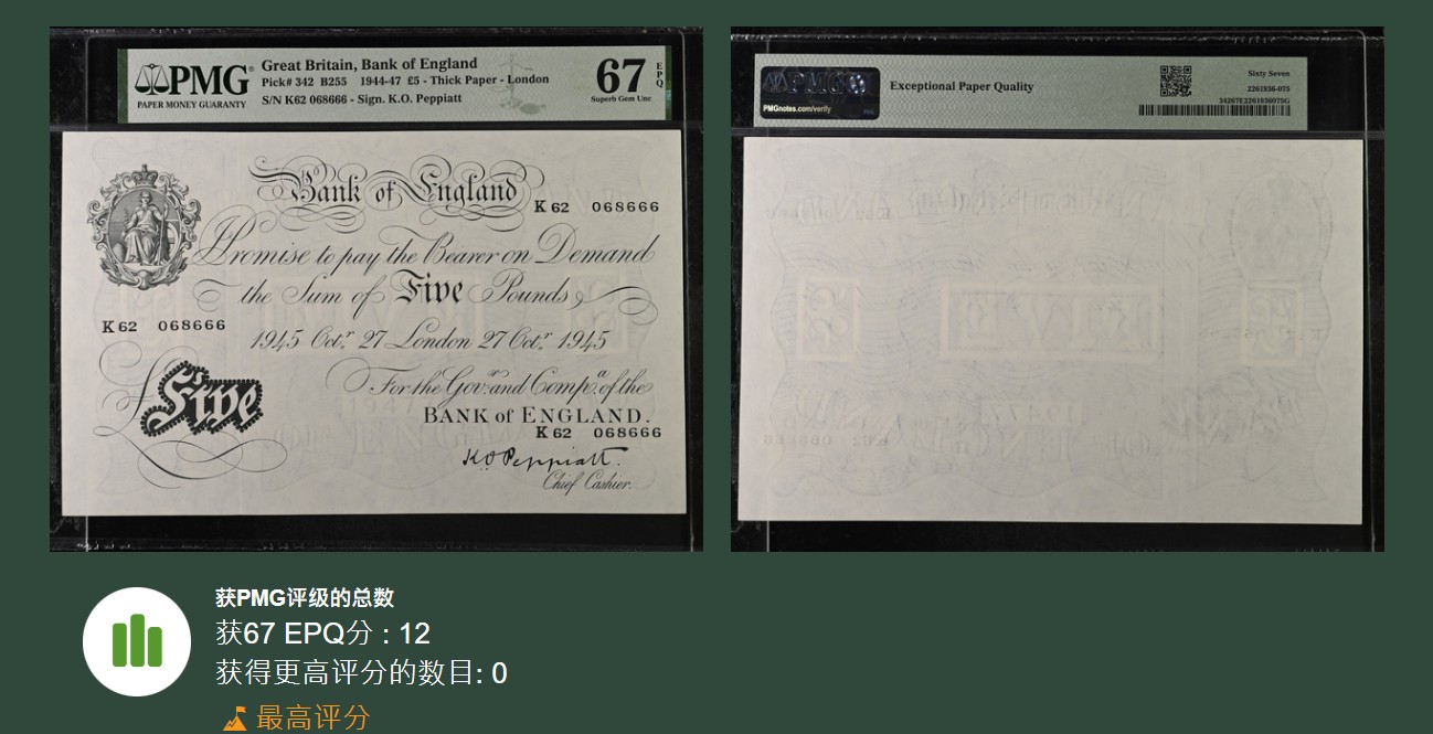 《张总收藏》125期-外币靓号典藏 英国1945年5镑PMG67E冠军分 倒置豹子068666 非常完美的一张 没有任何包容之处 顶级藏品 Pick-342 Thick Paper