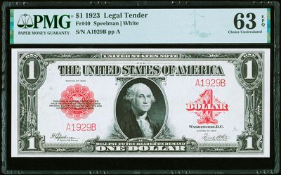 【Blue Auction】✨世界纸币精拍第390期——周六畅拍场【精】 -  【该纸币仅有AB首发冠 1929超短号年份号非常罕见】美国 早期 1923年红库印1美金 大票幅 PMG63EPQ 全新原票 升值品种 常见都是8位号 有别于天量的蓝库印