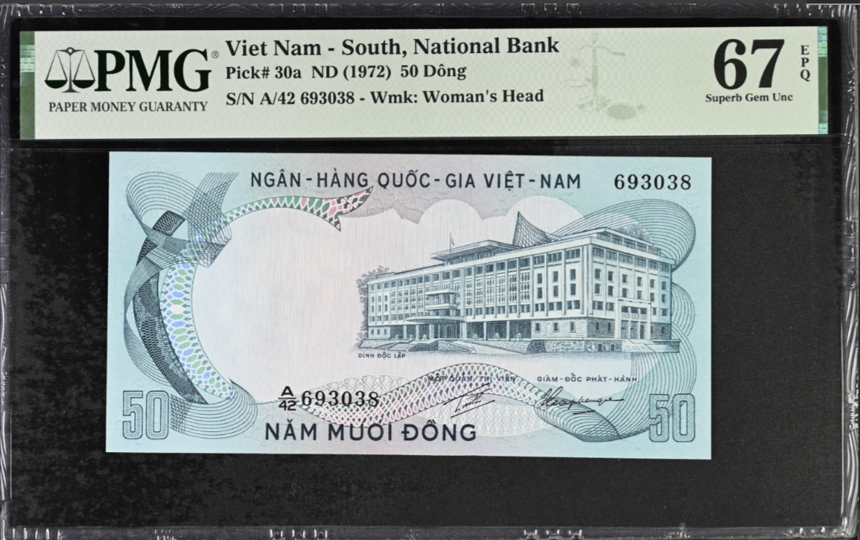 《张总收藏》125期-外币靓号典藏 越南1972年50盾A冠PMG67E亚军分尾8 冠军为68分仅4张