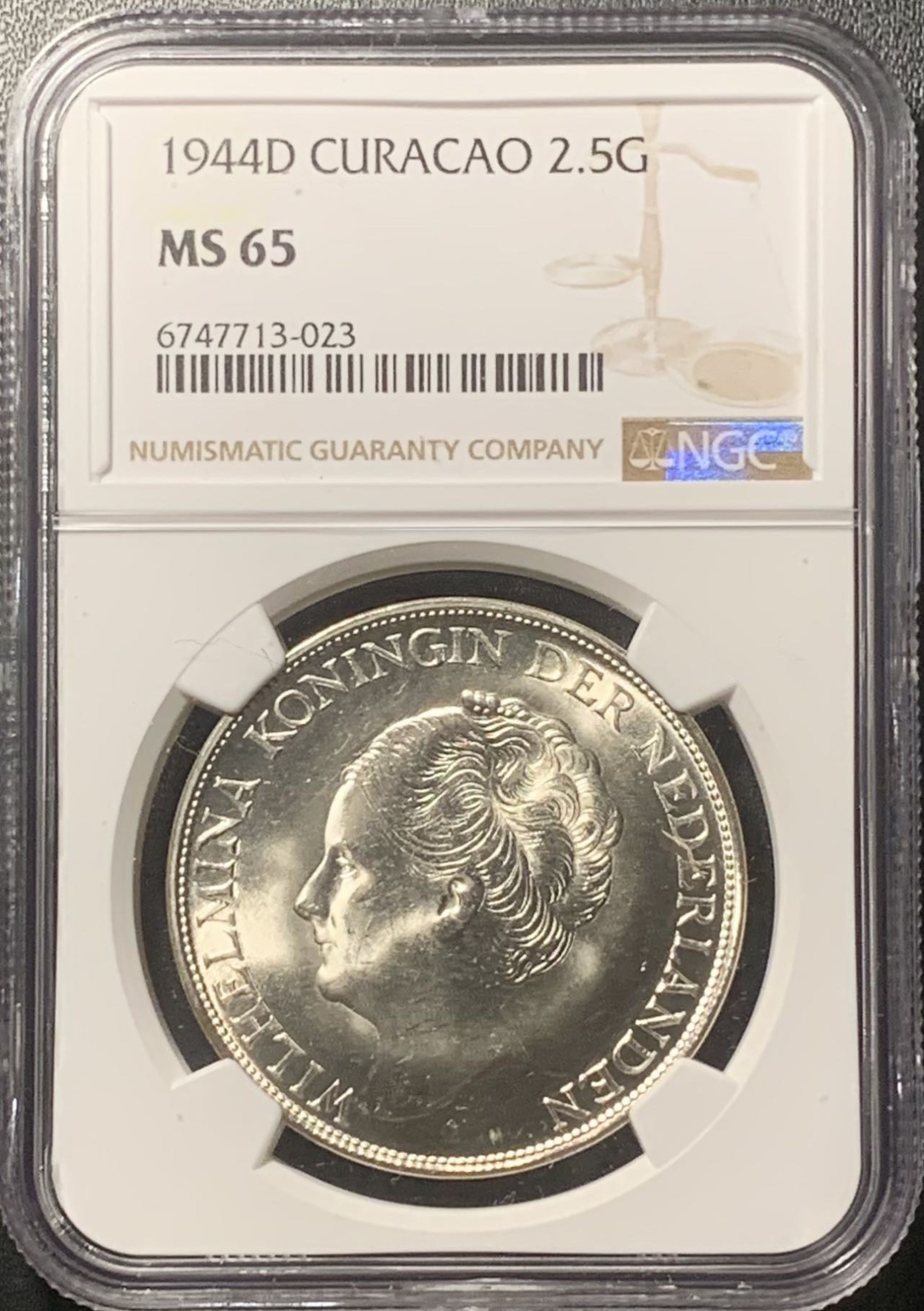 紫瑗钱币——第324期拍卖 荷属库拉索 1944年威廉明娜女王 2.5盾 银币 NGC MS65