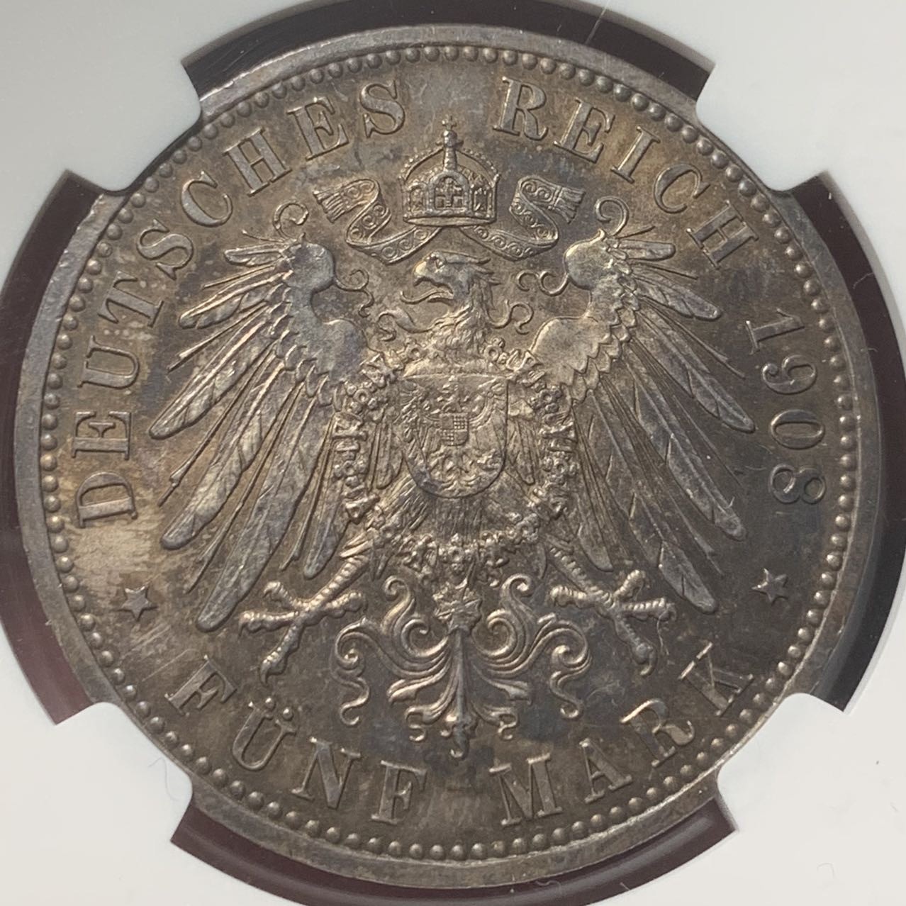 紫瑗钱币——第324期拍卖 德国 萨克森 1908年 耶拿大学 5马克 银币 NGC MS63 五彩包浆