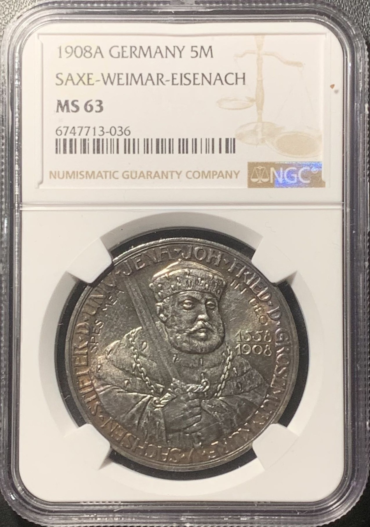 紫瑗钱币——第324期拍卖 德国 萨克森 1908年 耶拿大学 5马克 银币 NGC MS63 五彩包浆