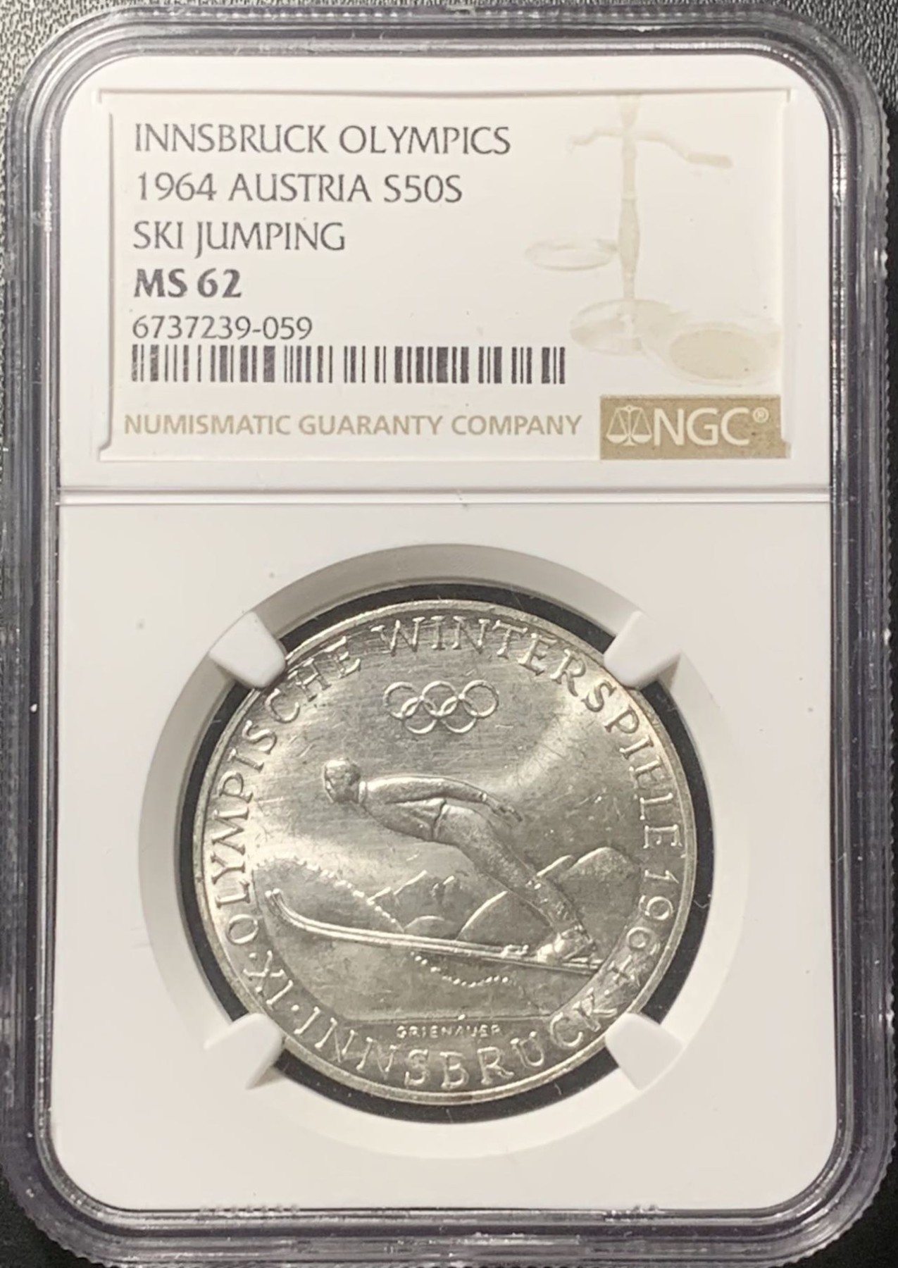紫瑗钱币——第324期拍卖 奥地利 1964年 因斯布鲁克冬奥会 50先令 银币 NGC MS62