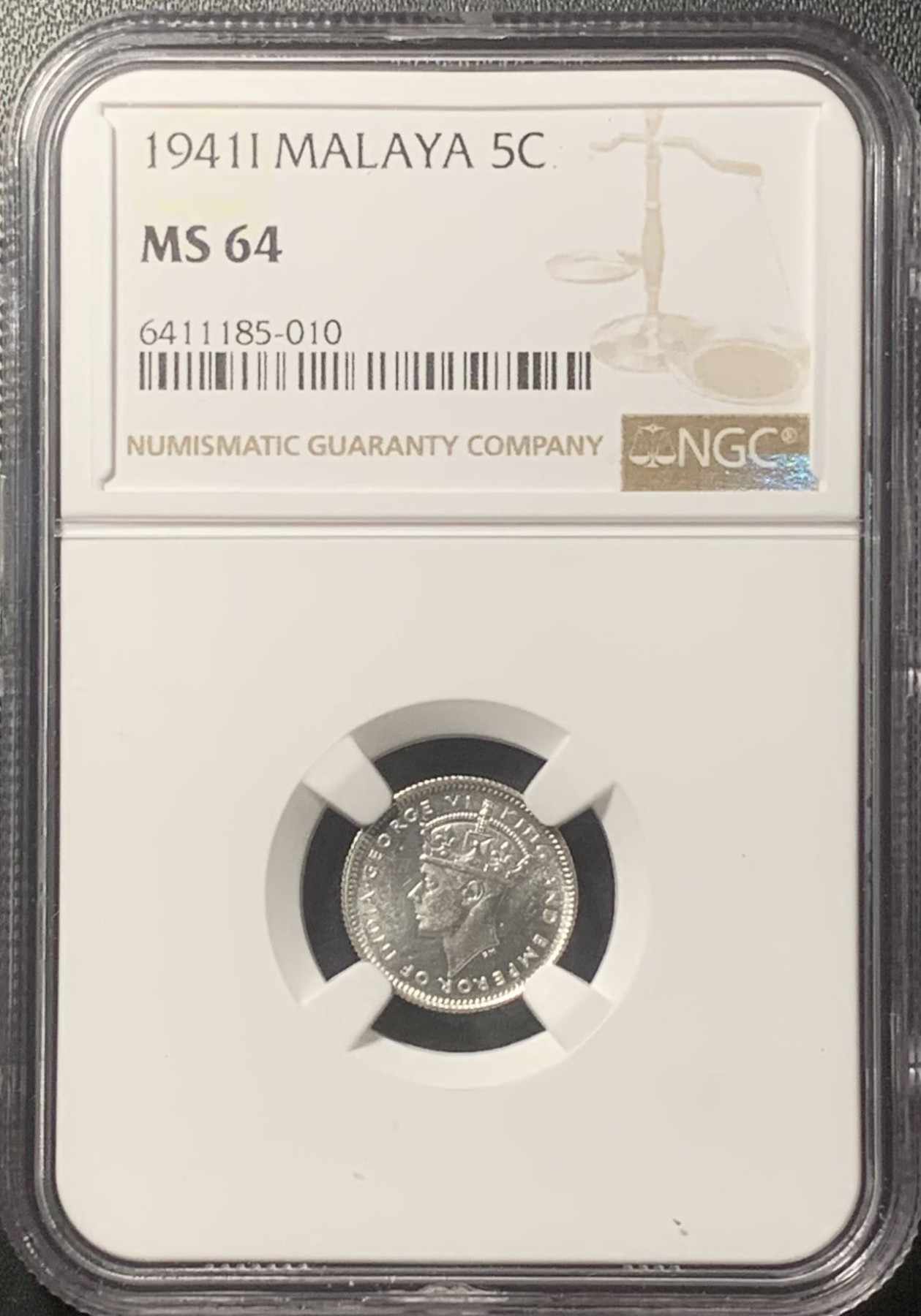 紫瑗钱币——第324期拍卖 马来亚 1941年 i版 乔治六世 5分 银币 NGC MS64