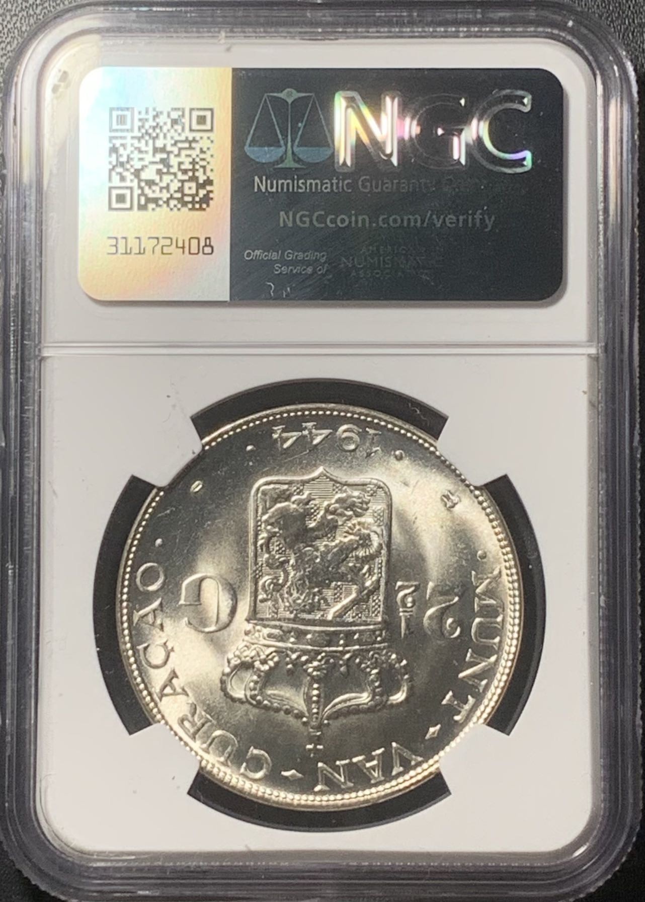 紫瑗钱币——第324期拍卖 荷属库拉索 1944年威廉明娜女王 2.5盾 银币 NGC MS65