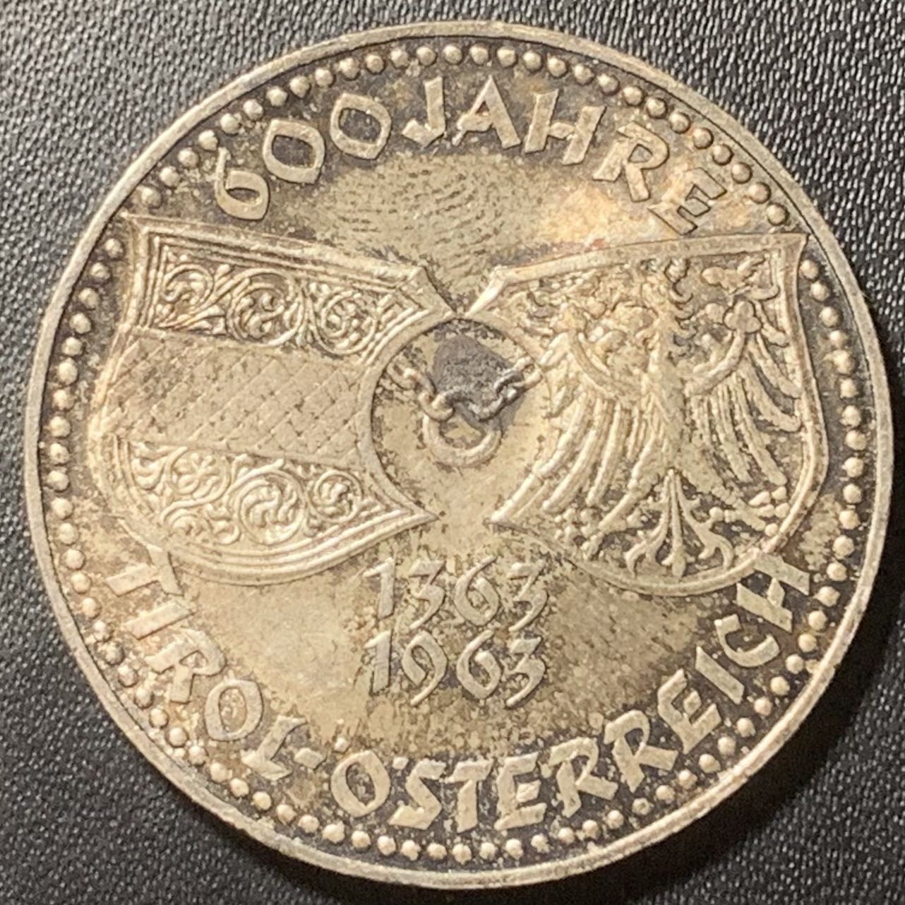 紫瑗钱币——第324期拍卖 奥地利 1963年 蒂罗尔联邦600周年 50先令 20克 0.9银 UNC 深五彩包浆