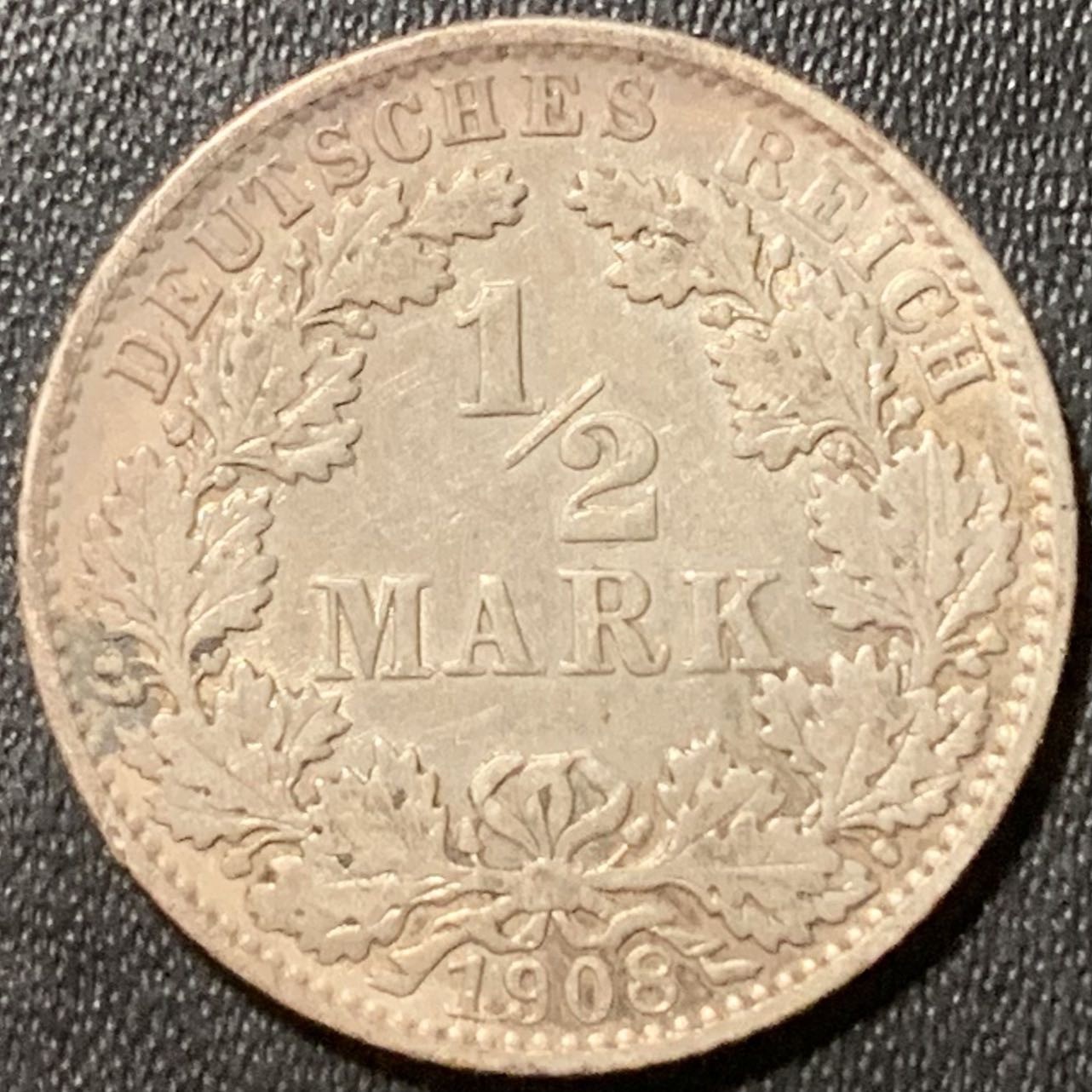 紫瑗钱币——第324期拍卖 德国 1908年 E版 第二帝国 1/2马克 银币 2.77克 0.9银