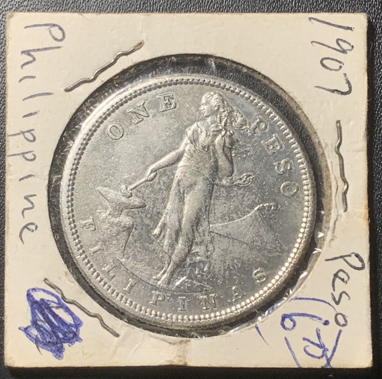 紫瑗钱币——第324期拍卖 美属菲律宾 1907年 女神 1比索 小样 20克 0.8银