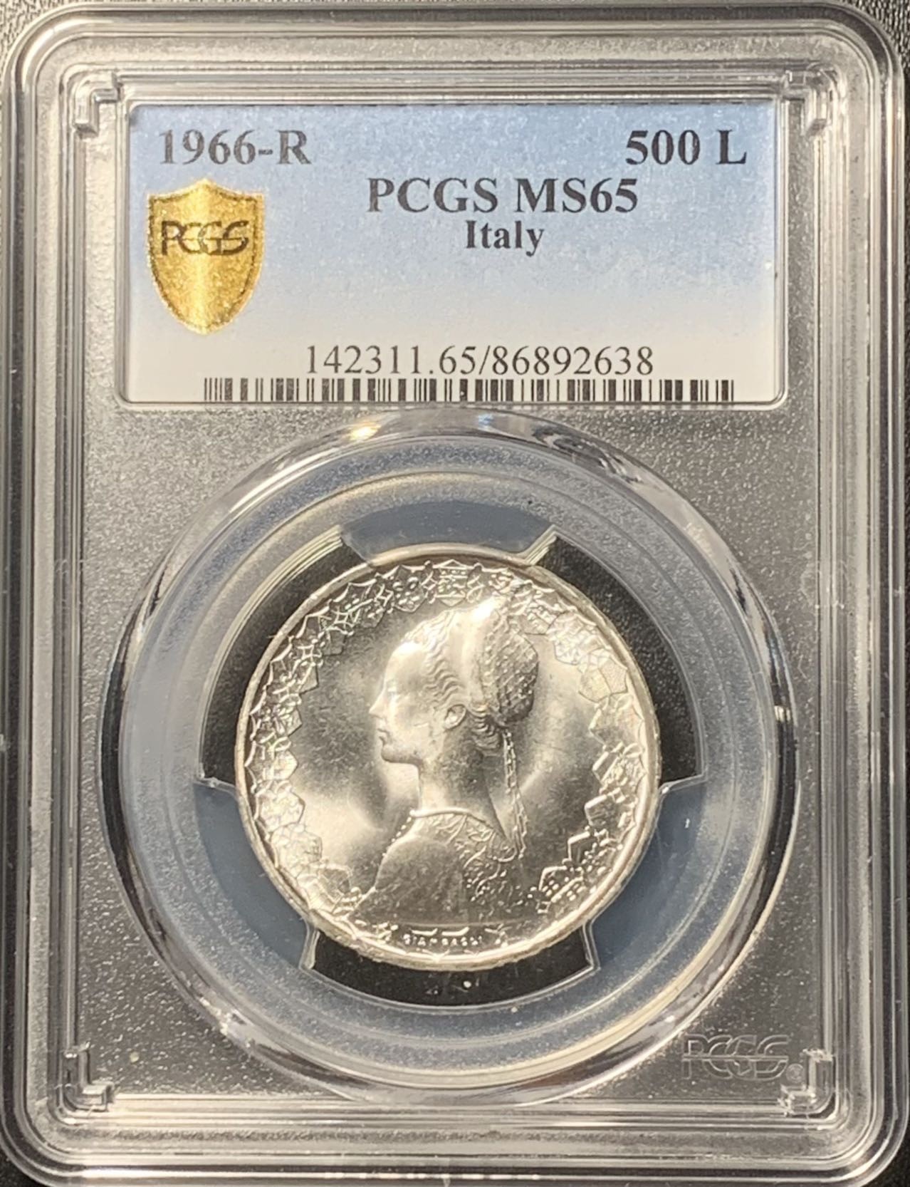 紫瑗钱币——第324期拍卖 意大利 1966年 少女与帆船 500里拉 银币 PCGS MS65