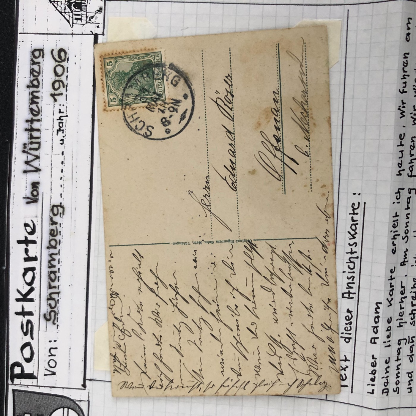 德国1906年 日耳曼实寄片一枚带资料