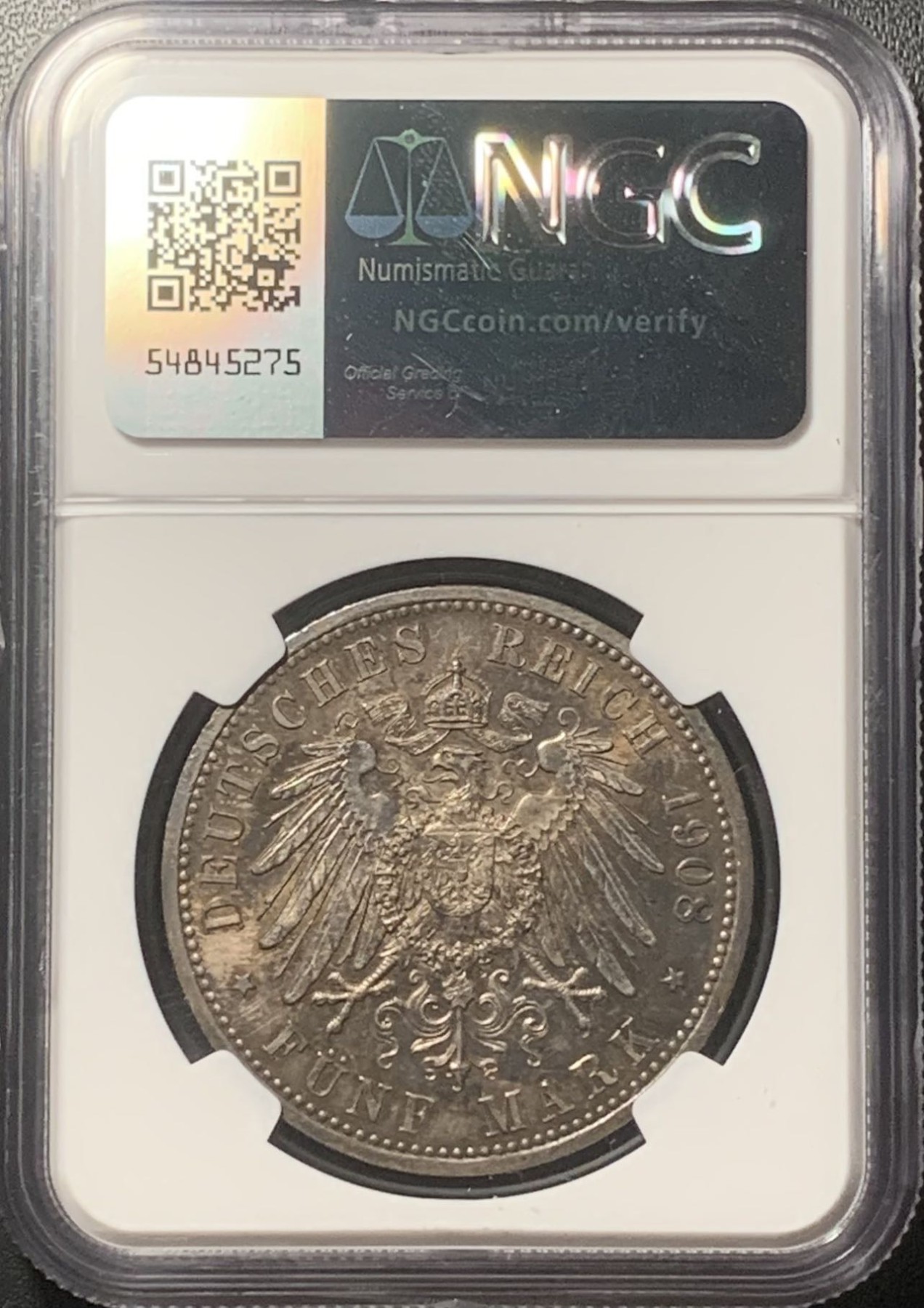 紫瑗钱币——第324期拍卖 德国 萨克森 1908年 耶拿大学 5马克 银币 NGC MS63 五彩包浆