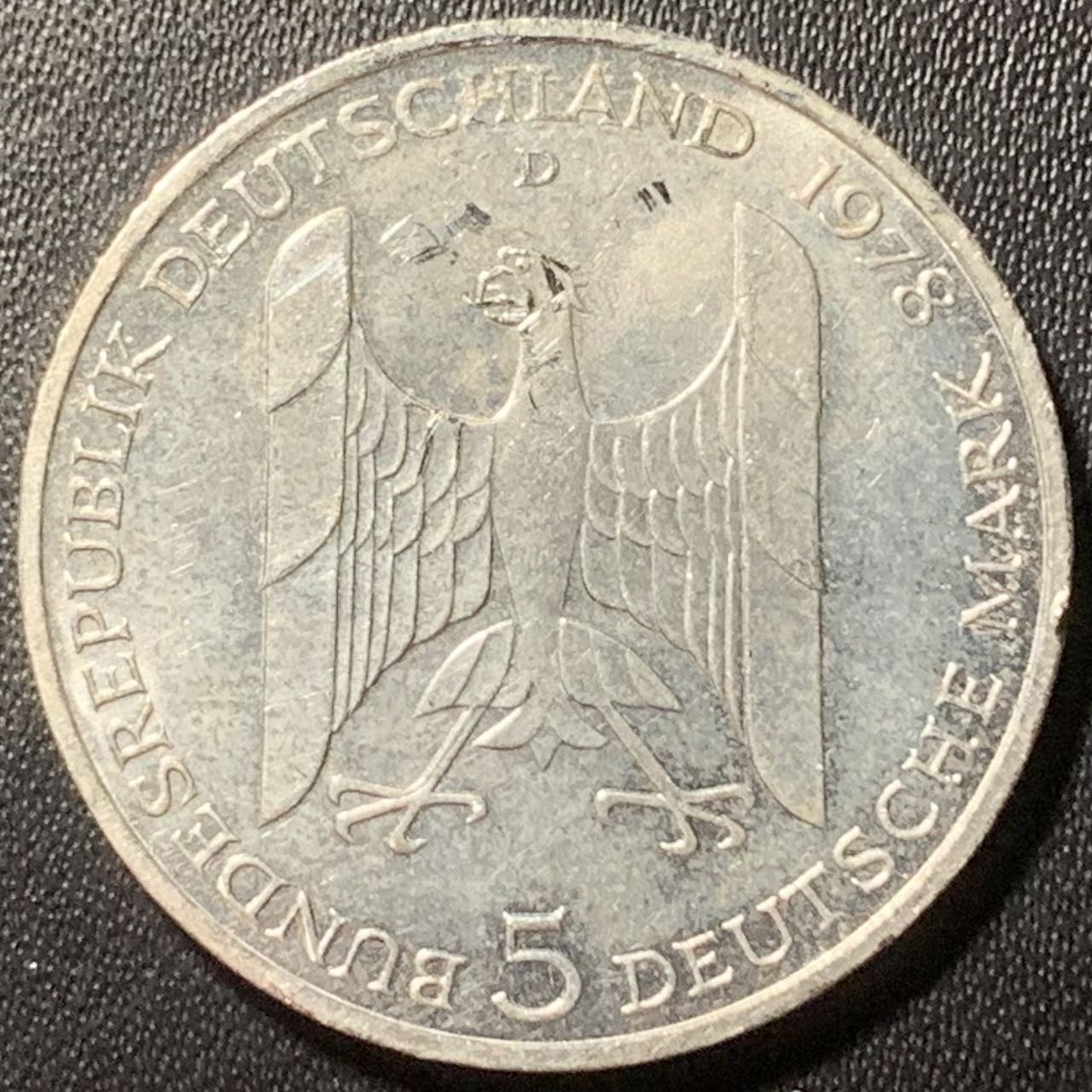 紫瑗钱币——第324期拍卖 联邦德国 1978年 D厂 斯特莱斯曼诞辰100周年 5马克 11.2克 0.625银 