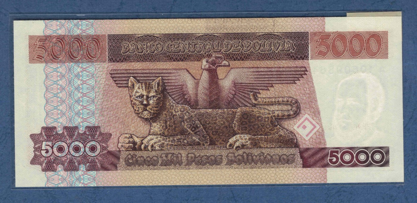 玻利维亚1984年5000玻利维亚诺 A冠 P-168 美洲纸币 实物如图 UNC
