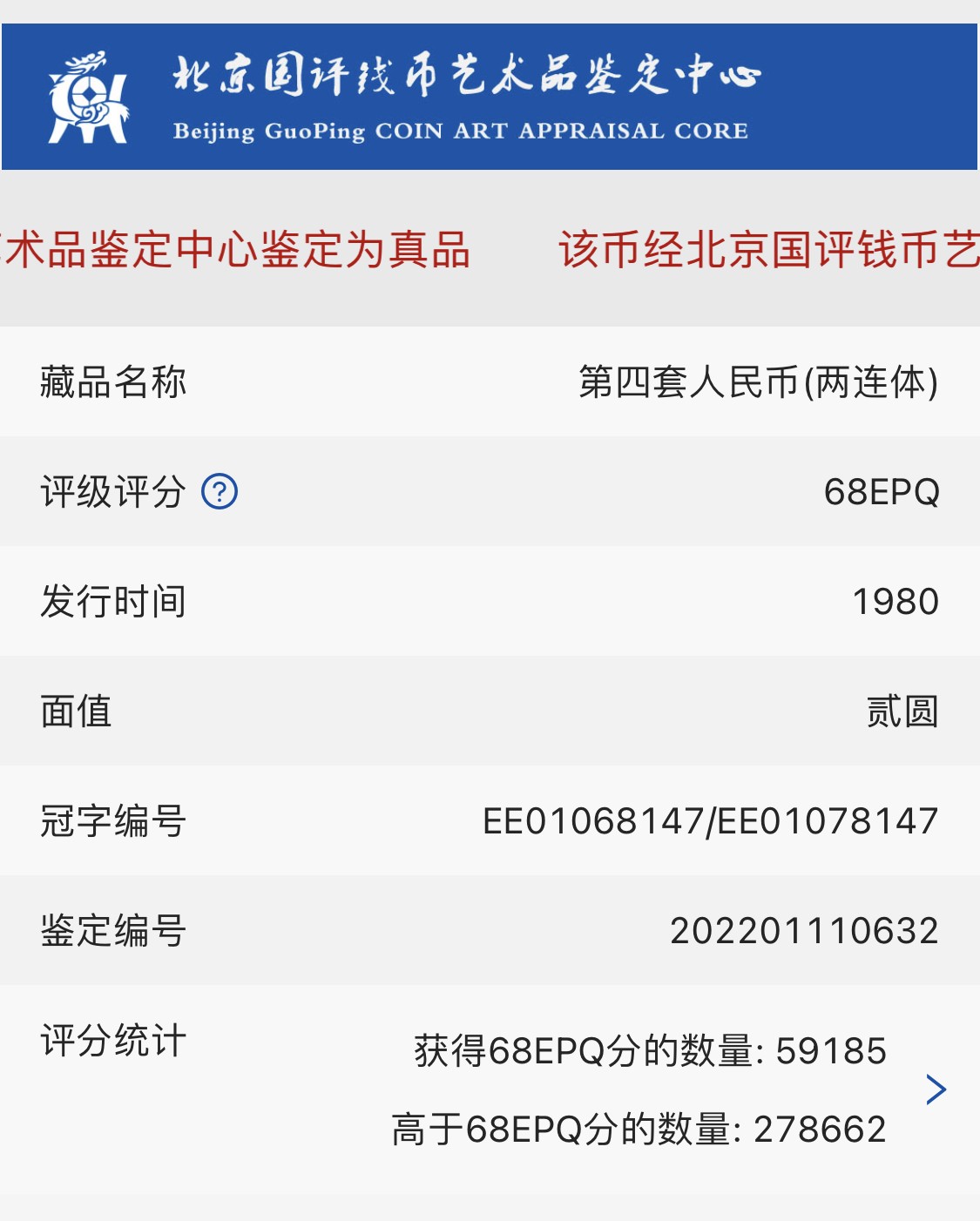 北极狼藏苑社（41） 0512-C②四版币·贰元连体钞，票面尺寸144*128 ·国评鉴定68EPQ