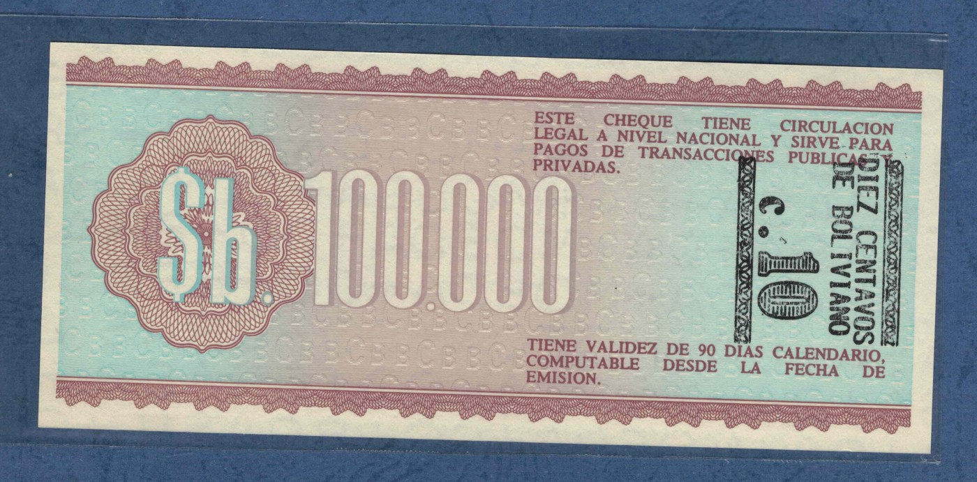 玻利维亚100000比索改10分 1984年(1987年) P-197 A序列 美洲纸币 实物图 UNC