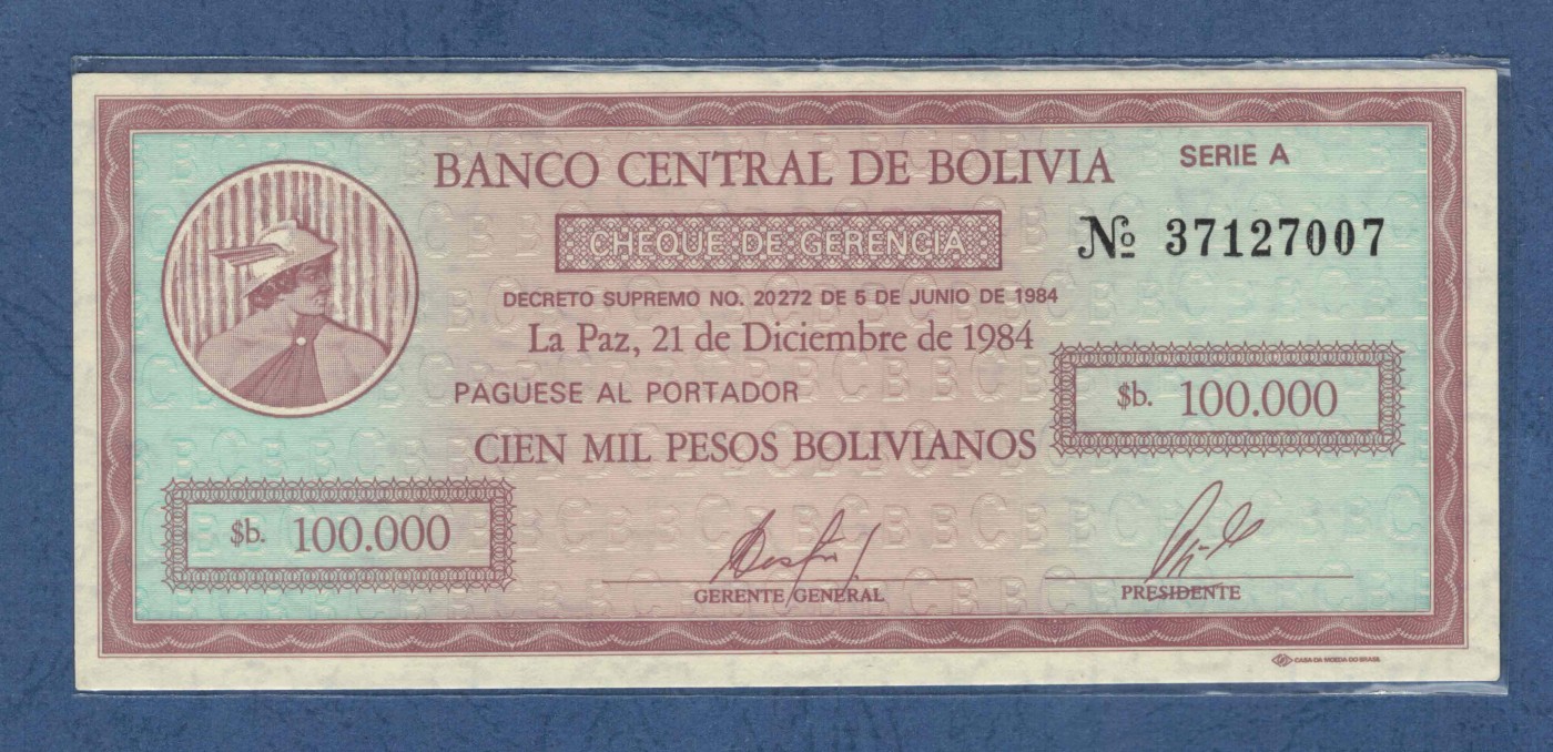 玻利维亚1984年100000比索 A冠 无4 P-188 美洲纸币 实物图 UNC