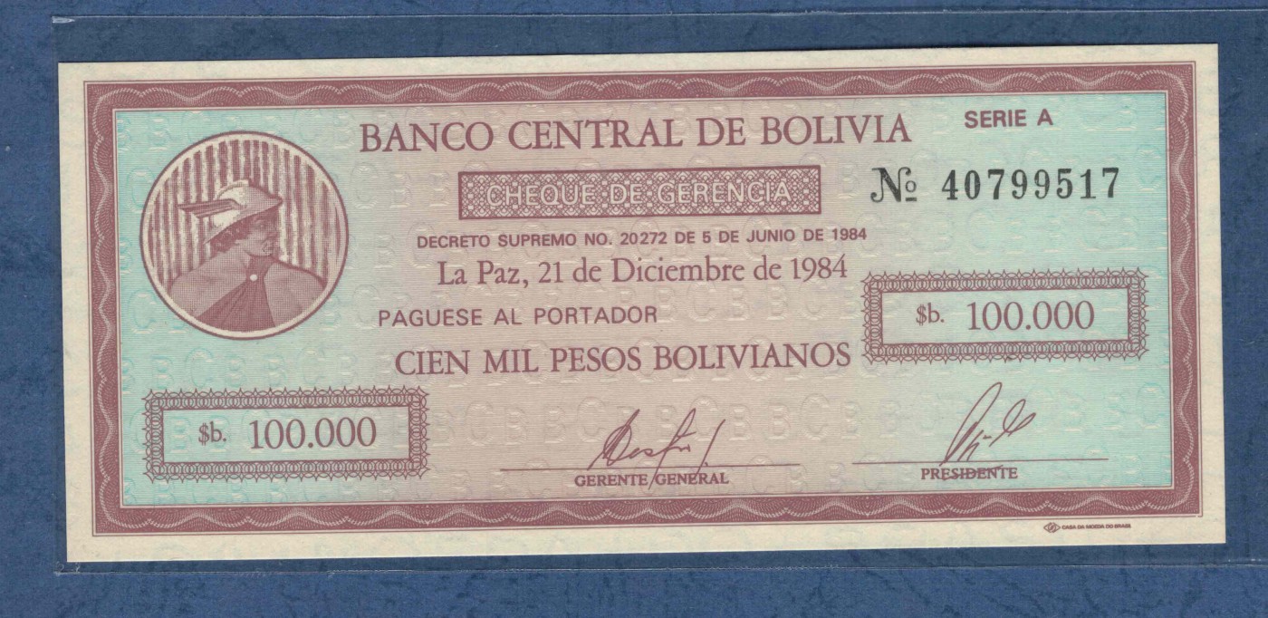 玻利维亚100000比索改10分 1984年(1987年) P-197 A序列 美洲纸币 实物图 UNC