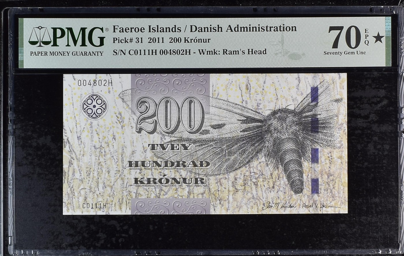 🌗乐淘淘纸币粉丝返利场 第28期 本店粉丝每拍订单返利五元！🌓 【C0111H 004802H】法罗群岛2011年纸币 200克朗 大黑星 PMG70EPQ★