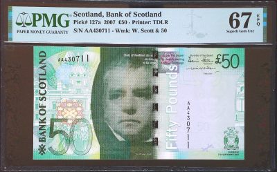世界靓号纸钞第三十二期 - 2007年苏格兰50镑 首发AA冠 PMG67分 2007年的世界最佳纸币 67分无47之前成交价达到了8000 极为稀少的品种