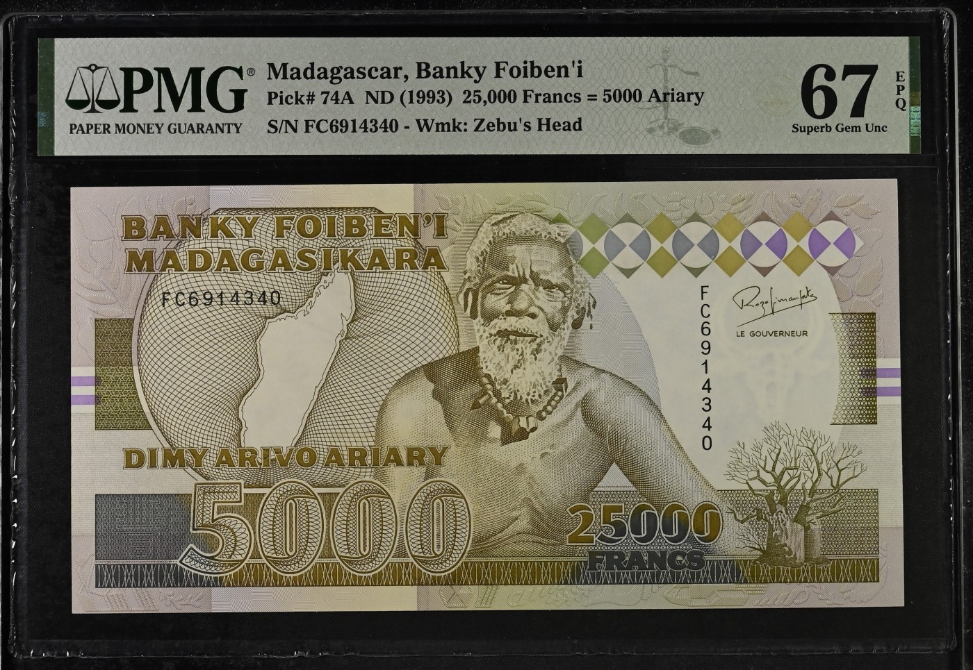 🌗乐淘淘纸币粉丝返利场 第28期 本店粉丝每拍订单返利五元！🌓 【FC6914340】马达加斯加1993年纸币 25000法郎 PMG67EPQ 季军分