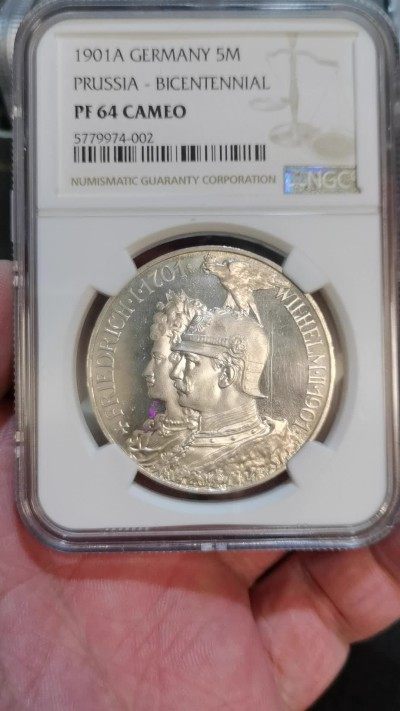 NGC-PF64CAMEO德国1901年普鲁士建国200周年精制5马克银币