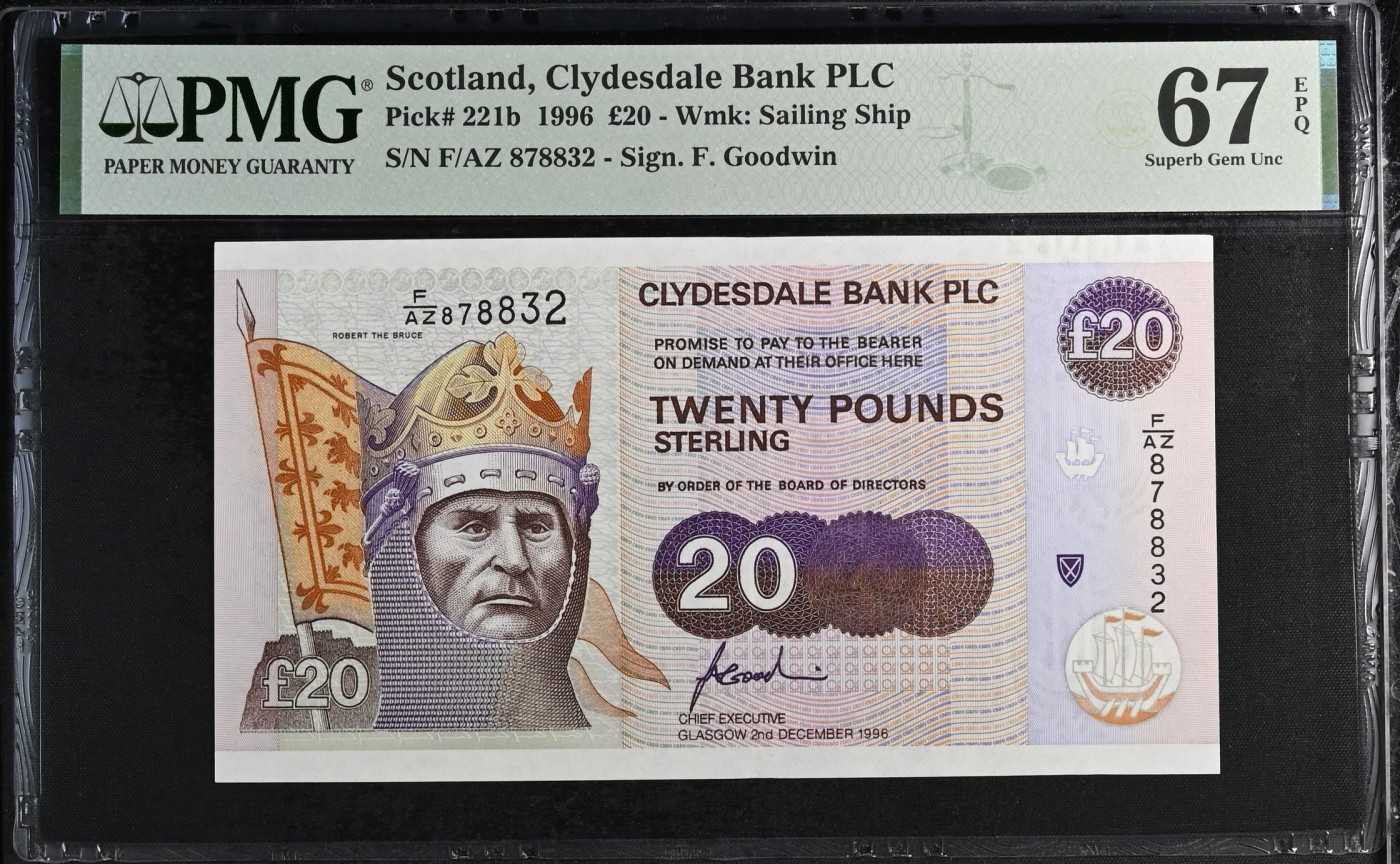 🌗乐淘淘纸币粉丝返利场 第28期 本店粉丝每拍订单返利五元！🌓 【F/AZ 878832】苏格兰1996年纸币 20镑 克莱斯戴尔银行 PMG67EPQ 季军分