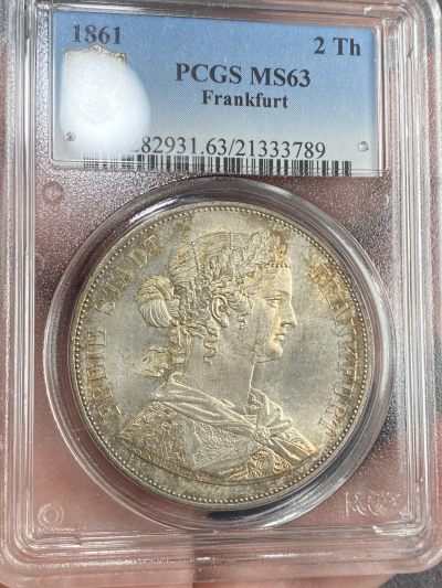 PCGS MS63 1861年德国法兰克福少女流通2泰勒 素金彩裹身 清新淡雅 63中的收藏级状态
