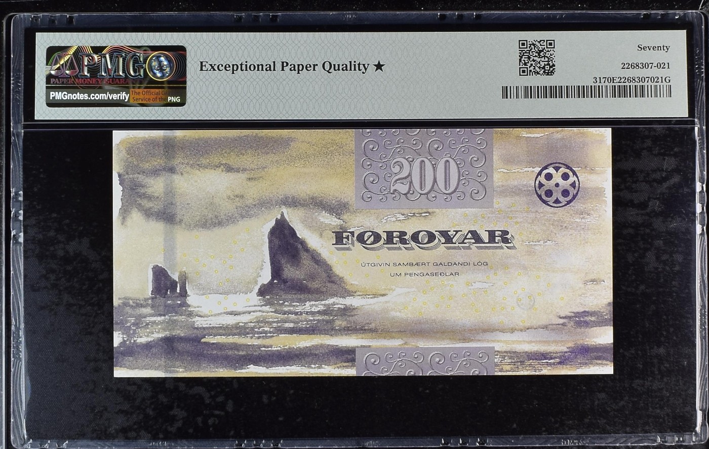 🌗乐淘淘纸币粉丝返利场 第28期 本店粉丝每拍订单返利五元！🌓 【C0111H 004802H】法罗群岛2011年纸币 200克朗 大黑星 PMG70EPQ★