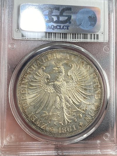 PCGS MS63 1861年德国法兰克福少女流通2泰勒 素金彩裹身 清新淡雅 63中的收藏级状态