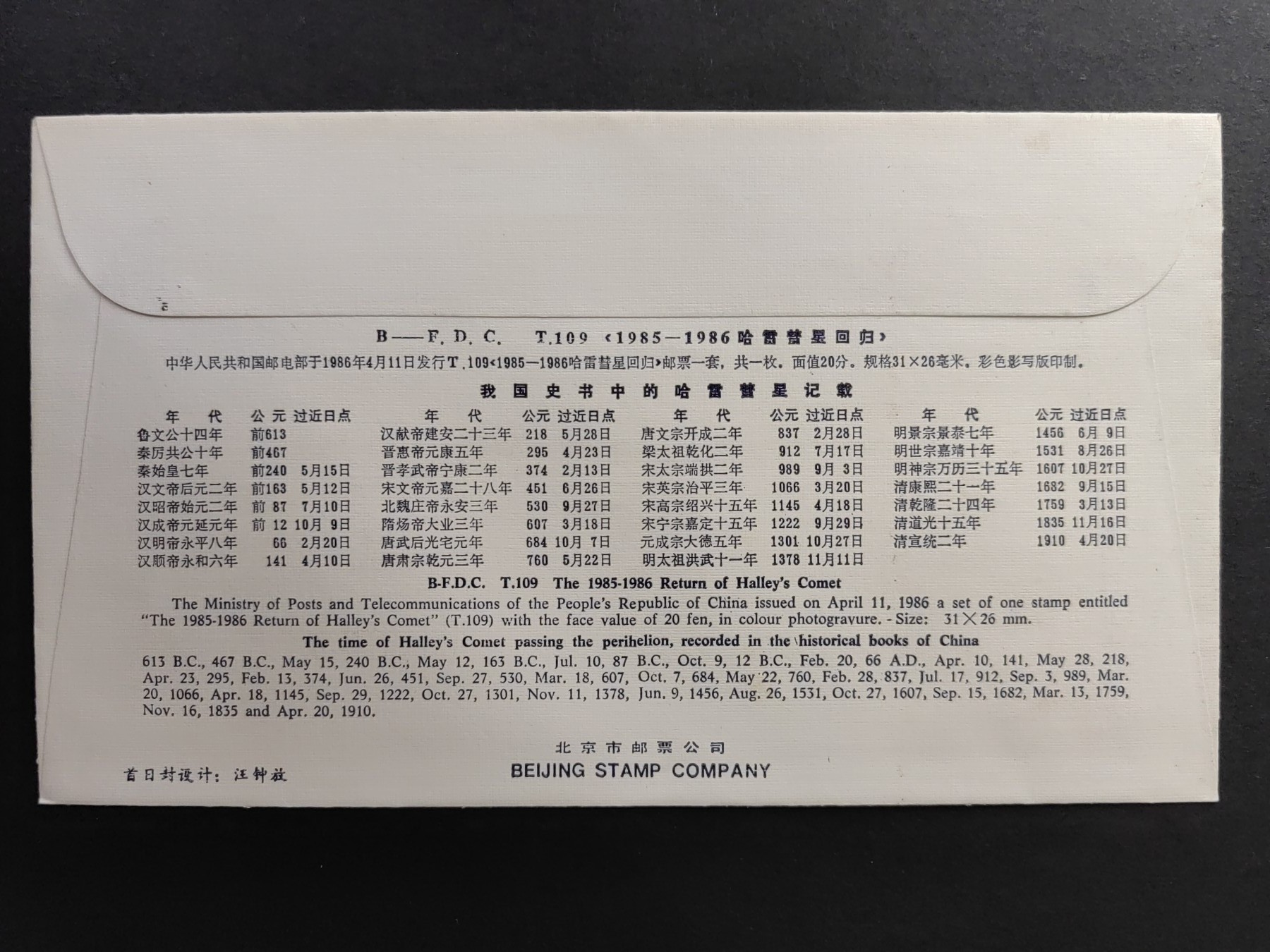 中国精品首日封&事件纪念封（拍卖）第②⑤场 1986年T109 哈雷彗星回归（有脏）