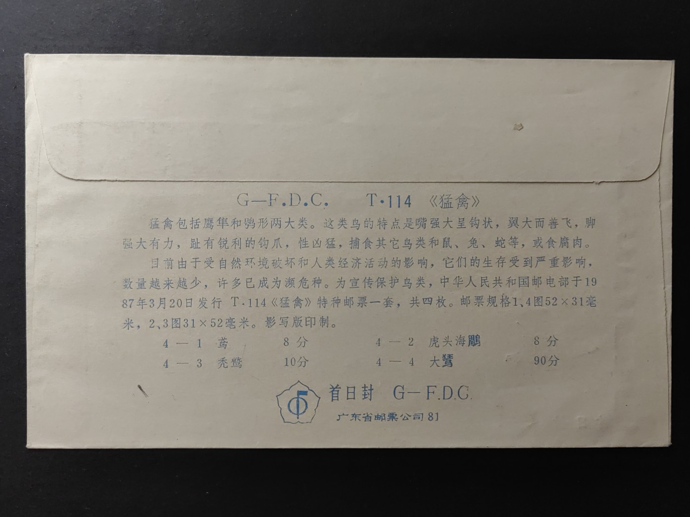 中国精品首日封&事件纪念封（拍卖）第②⑤场 1987年 猛禽