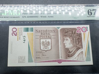  火彩社 世界硬币、纸币专场，NGC高分评级币，PMG高分波兰纪念钞 - PMG 67 EPQ 波兰 2015年 20波兰兹罗提 德乌戈什诞辰600年 纪念钞 千位小号 无347 圆润吉利号 带原封