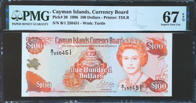 世界靓号纸钞第三十二期 - 1996年早期开曼100元 首发B1冠 PMG67超高分 