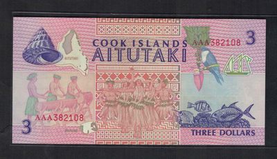 库克群岛1992年3元 AAA冠 无47 P-7 大洋洲纸币 实物图 UNC - 库克群岛1992年3元 AAA冠 无47 P-7 大洋洲纸币 实物图 UNC