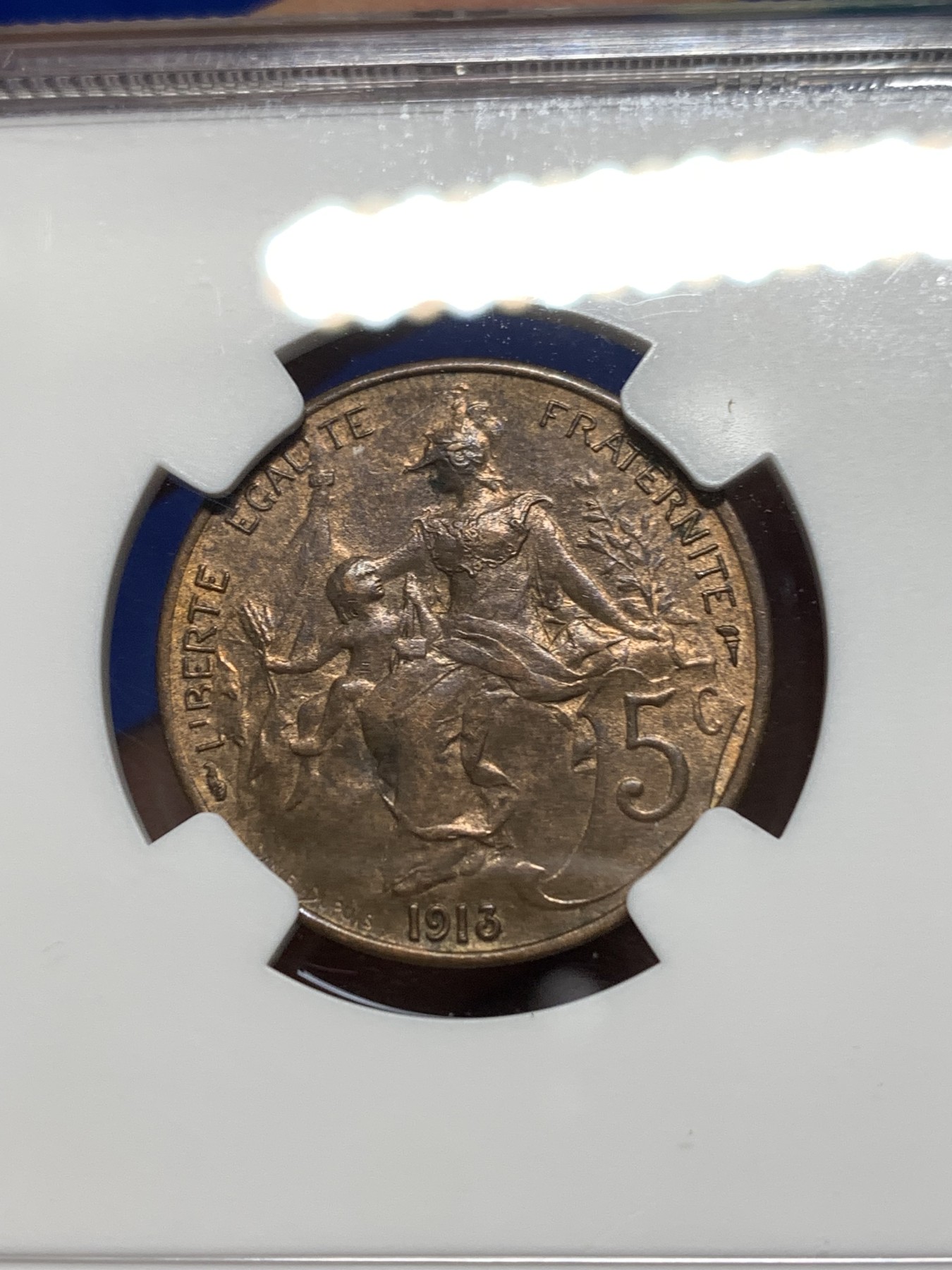 《竞宝斋》第215场-周日，周一 2场 (全场包邮) NGC AU58 1913年法国5c铜币